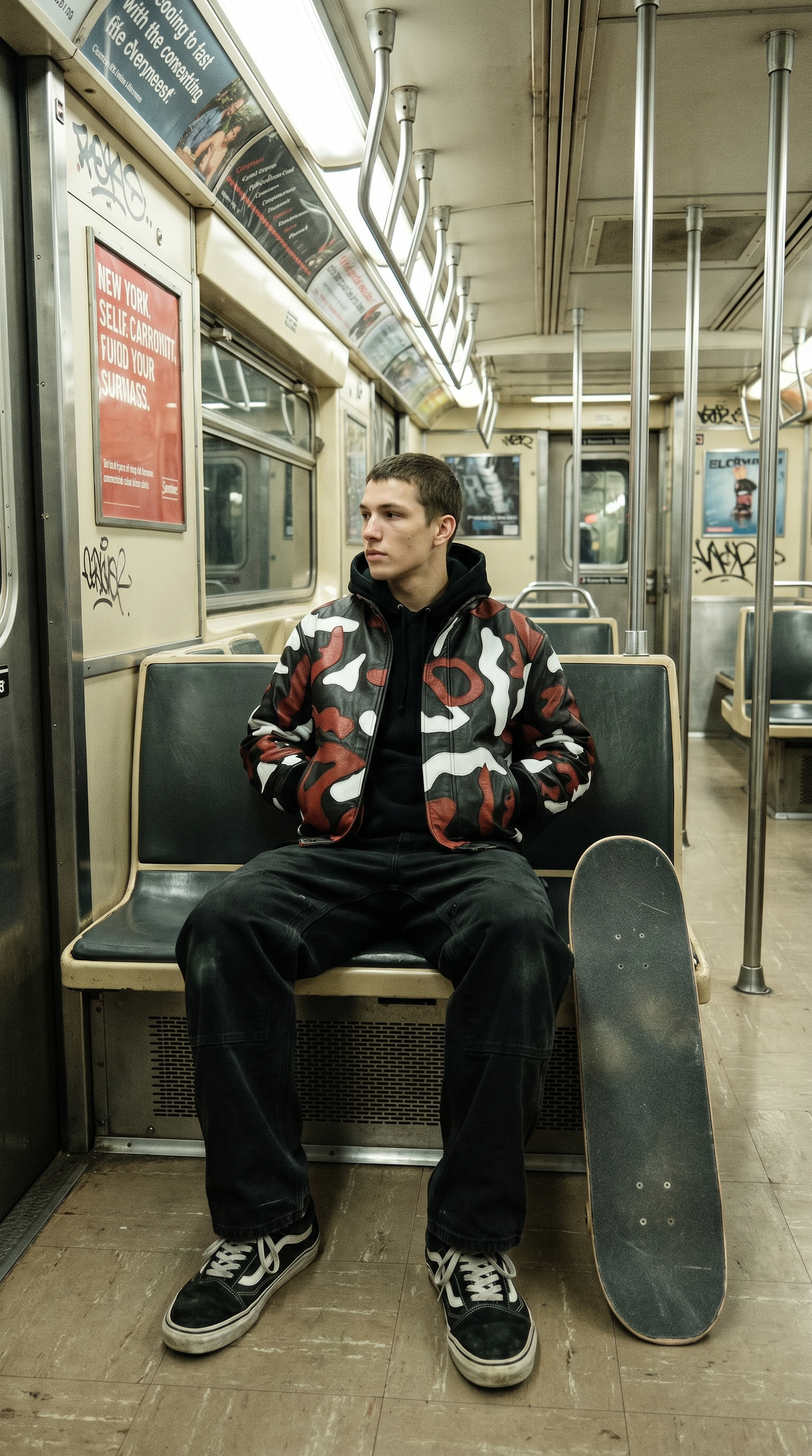 Modelo sentado em vagão de metrô com a jaqueta camuflada e skate ao lado