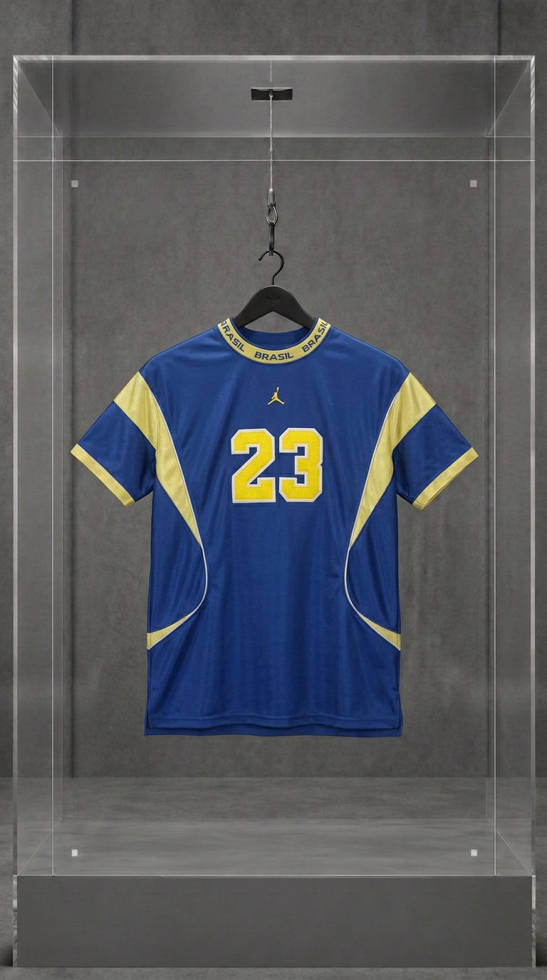 Camisa Air Jordan Brasil 23 azul e amarela — vista frontal na vitrine