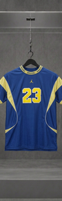Camisa Air Jordan Brasil 23 azul e amarela — vista frontal na vitrine