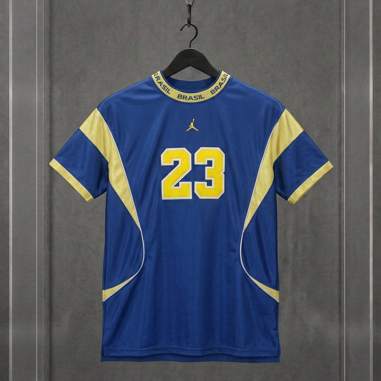 Camisa Air Jordan Brasil 23 azul e amarela — vista frontal na vitrine