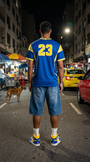 Costas da camisa Air Jordan Brasil 23 em look urbano à noite