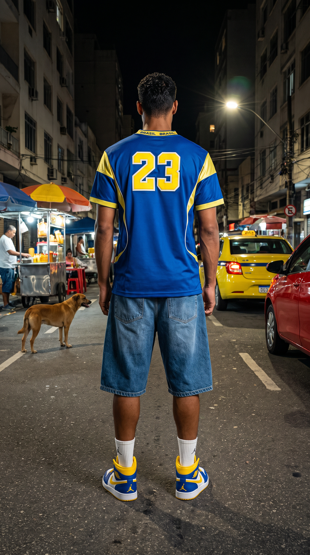 Costas da camisa Air Jordan Brasil 23 em look urbano à noite