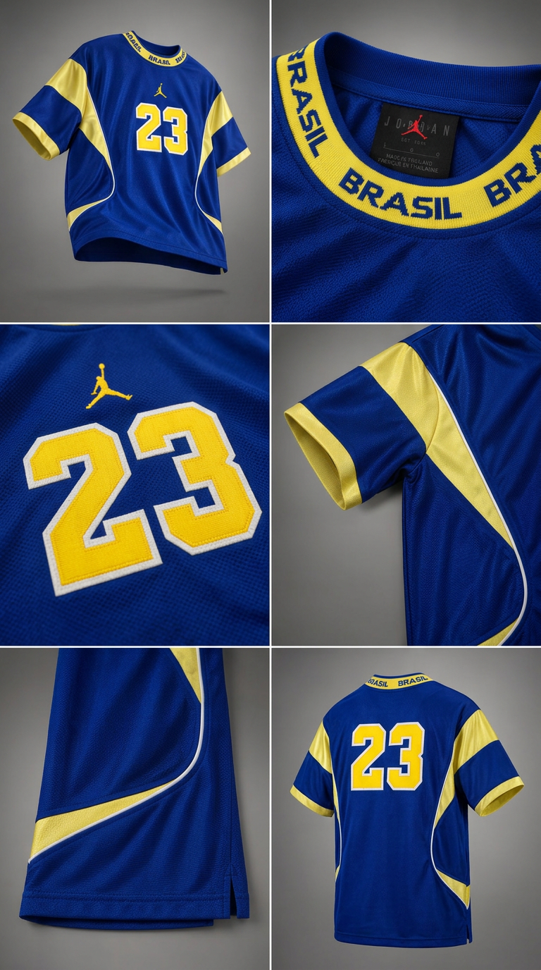Detalhes da camisa Air Jordan Brasil 23: gola BRASIL, Jumpman e número