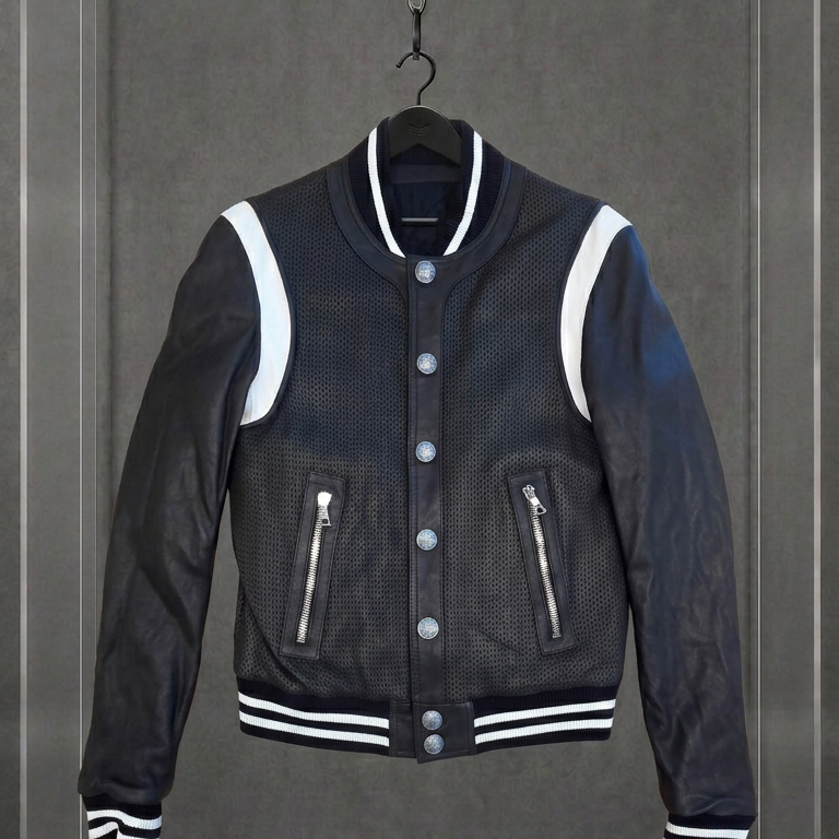 BALMAIN Varsity Bomber em Couro Perfurado