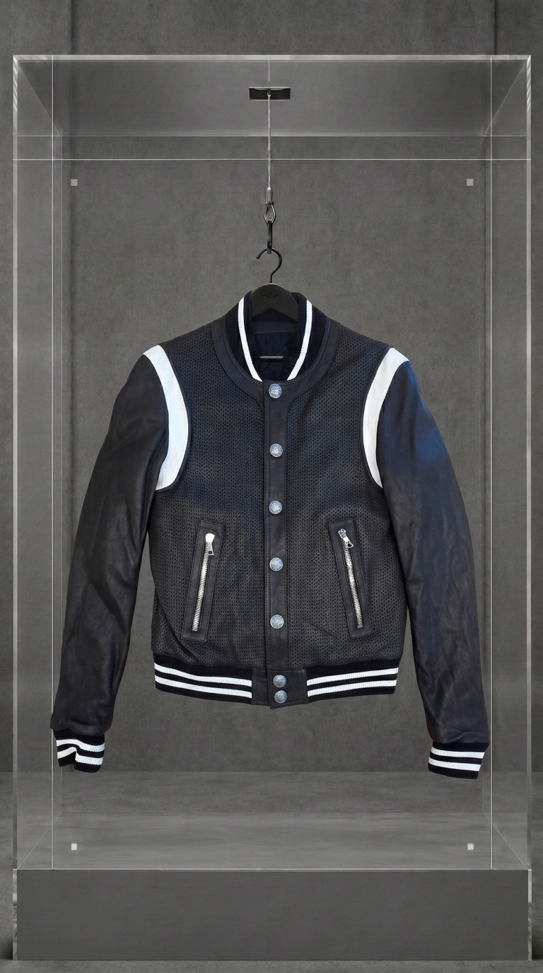 BALMAIN Varsity Bomber em Couro Perfurado