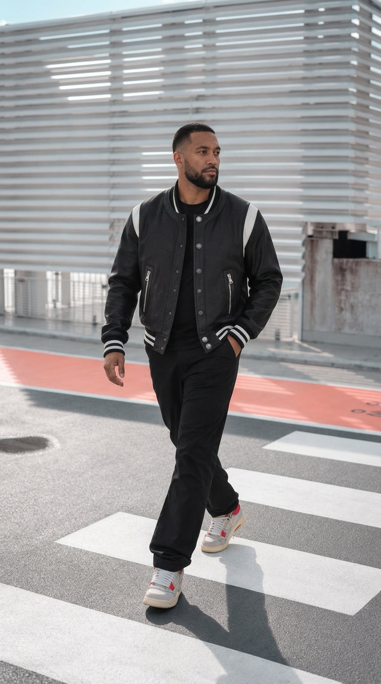 BALMAIN Varsity Bomber em Couro Perfurado