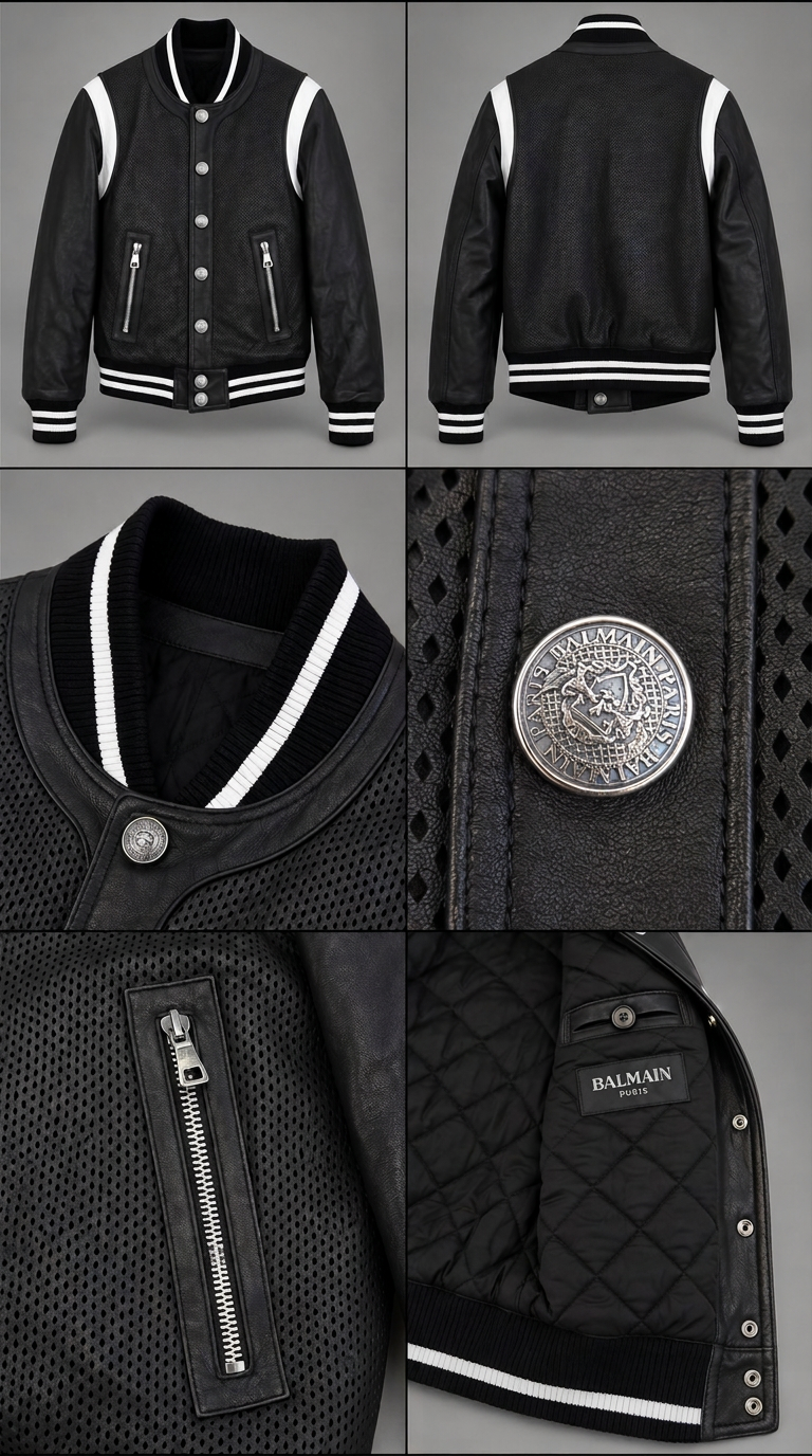 BALMAIN Varsity Bomber em Couro Perfurado