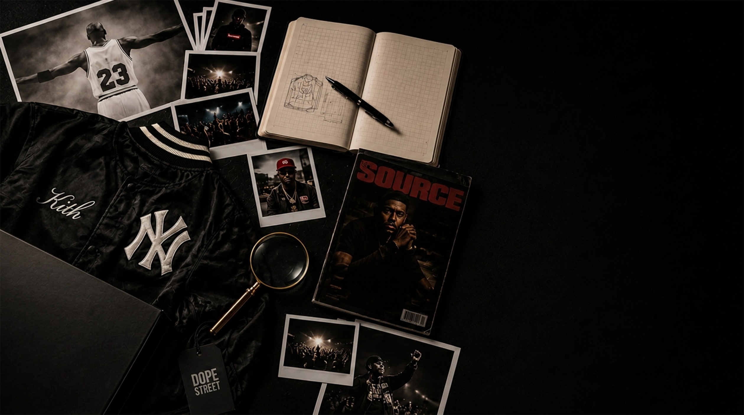 Caderno de esboços, revista SOURCE, polaroids e lupa